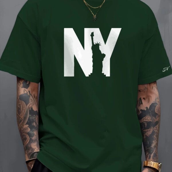 NY Statue of Liberty Graphic Oversized Dark Green T-Shirt