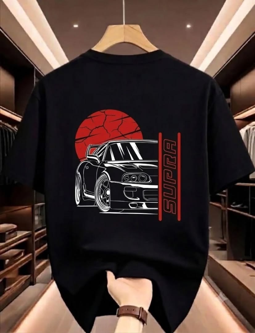 cecc745daed56c7167e3d735e8e6a81f "SUPRA" JDM Sports Car & Red Sun Oversized Black T-Shirt - Image 1