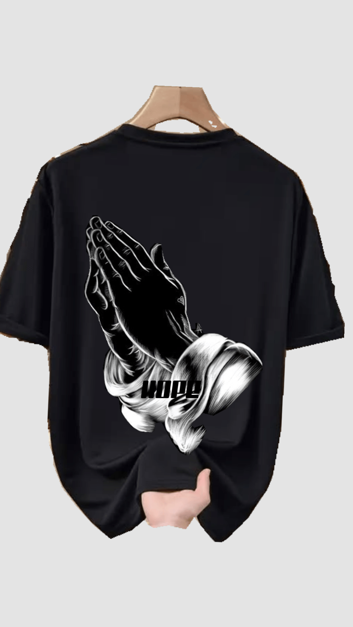 download (10) Praying Hands & "HOPE" Graphic Oversized Black T-Shirt - Image 1