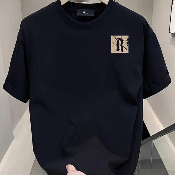 Minimalist Gothic "R" Chest Patch Oversized Black T-Shirt