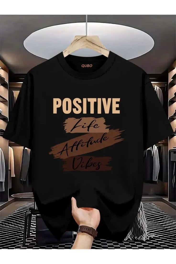 e3295d2f3966a9740f1eabf571958660 "Positive Life Attitude Vibes" Brush Stroke Typography Oversized Black T-Shirt - Image 1
