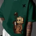 Box Head Character Graphic Oversized Dark Green T-Shirt