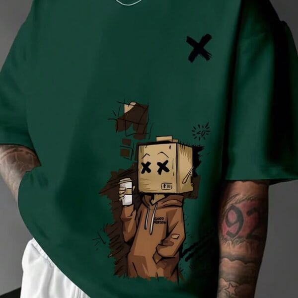 Box Head Character Graphic Oversized Dark Green T-Shirt