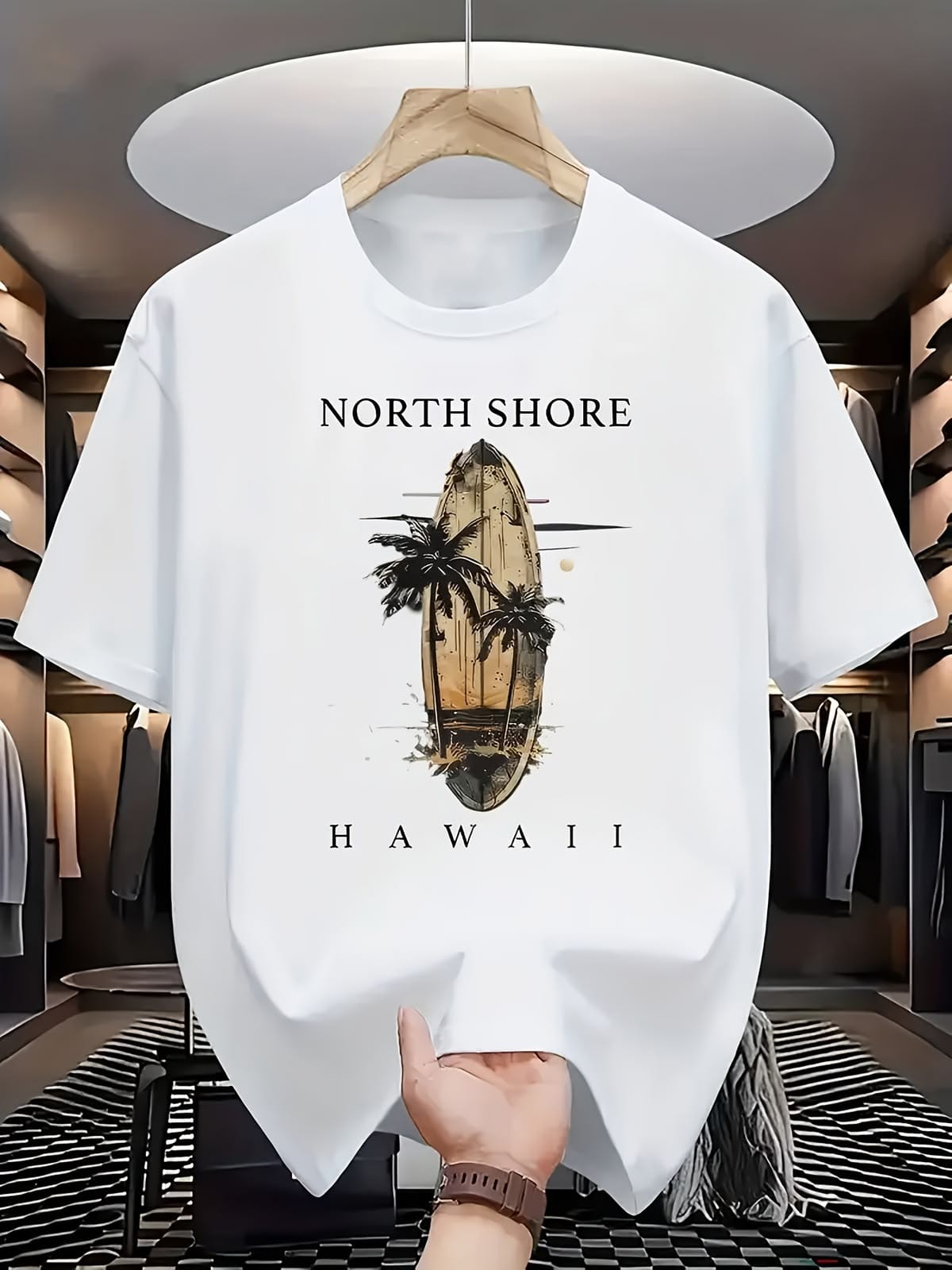 f97fc8849b2bac960c60a3d4030df753 "North Shore Hawaii" Surfboard Tropical Oversized White T-Shirt - Image 1